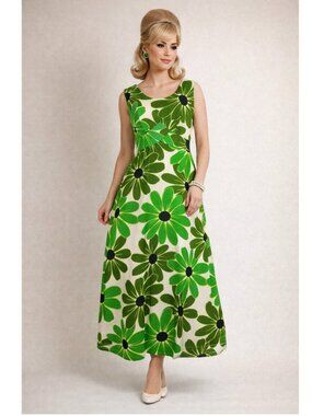 Vintage Sears Hawaiian Fashions Maxi Dress 1960s Green Floral Mod Aloha Small
